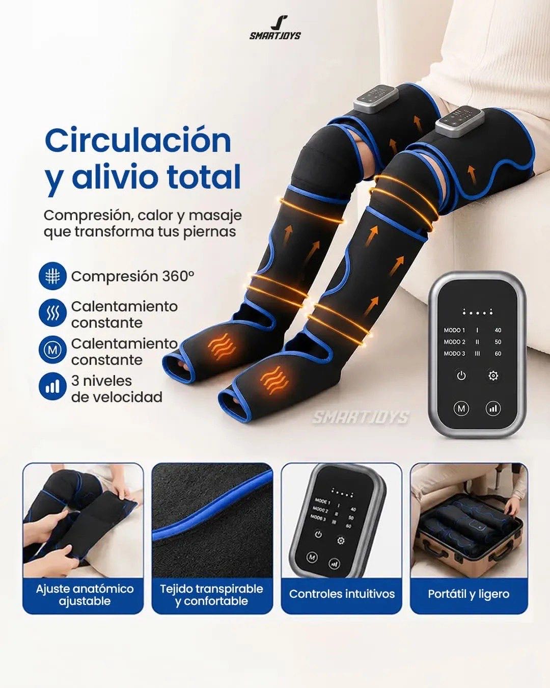 Detalle de la tela de lino y correas de ajuste del masajeador de piernas