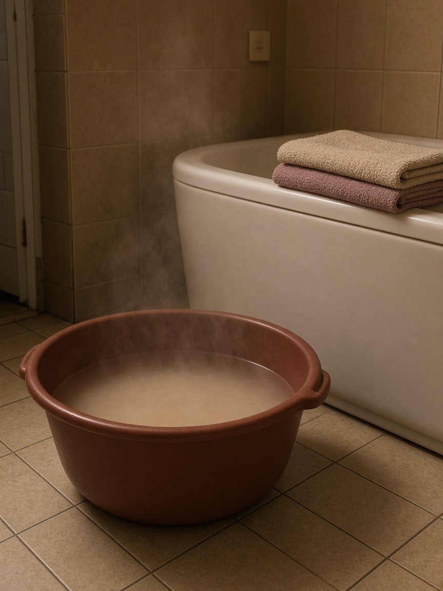 Ponchera de plástico con agua caliente junto a la bañera en un baño pequeño